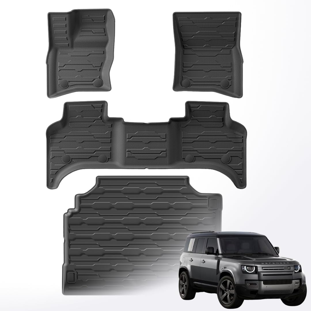 TRX AUTO 3D Car Floor Mats For Land Rover Defender 110 2019 To 2024 Set Of 4 With Trunk Mat | All Weather Protection | Black TPE Car Floor Mats | Accessories For Land Rover Defender 110 |